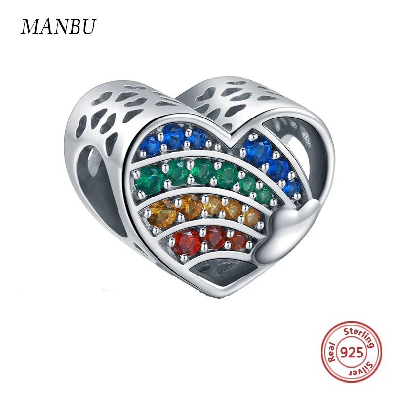 MANBU Мода Сердце Радуга Красочные CZ Шарм бисера fit pandora браслет серебряные бусины 925 пробы для женщин ювелирные изделия аксессуары