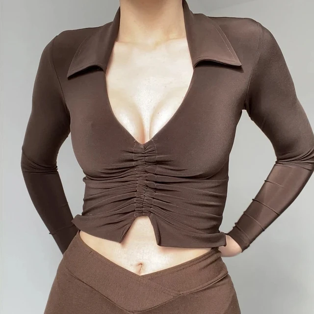 Sexy ruched shirt with v neck in brown