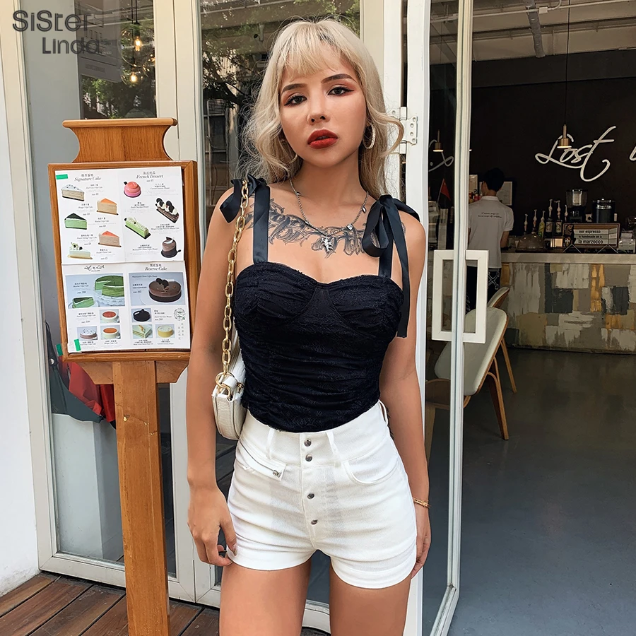 

Sisterlinda Sexy Lace Up Crop Top Women Tassel Camisole 2019 New Fashion Elegant Slim Tee Shirt Femme Pure White Basic Tee Mujer