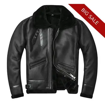 

2020 Black Men American Military B3 Bomber Shearling Jacket Plus Size XXXXL Genuine Sheepskin Winter Natural Leather Coat
