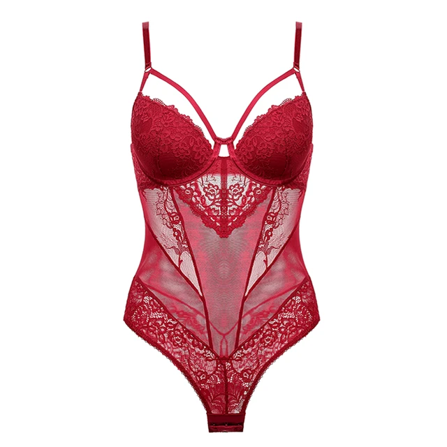 Red Floral Lace Bodysuit Women Sexy Lingerie Sleeveless Underwire