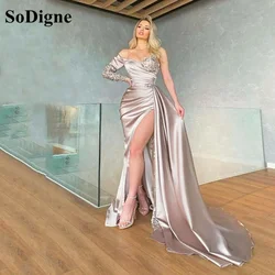 SoDigne Satin Mermaid Evening Dress One Long Sleeves Sequin Women Formal Dress with High Side Slit Prom Party Gowns 2021