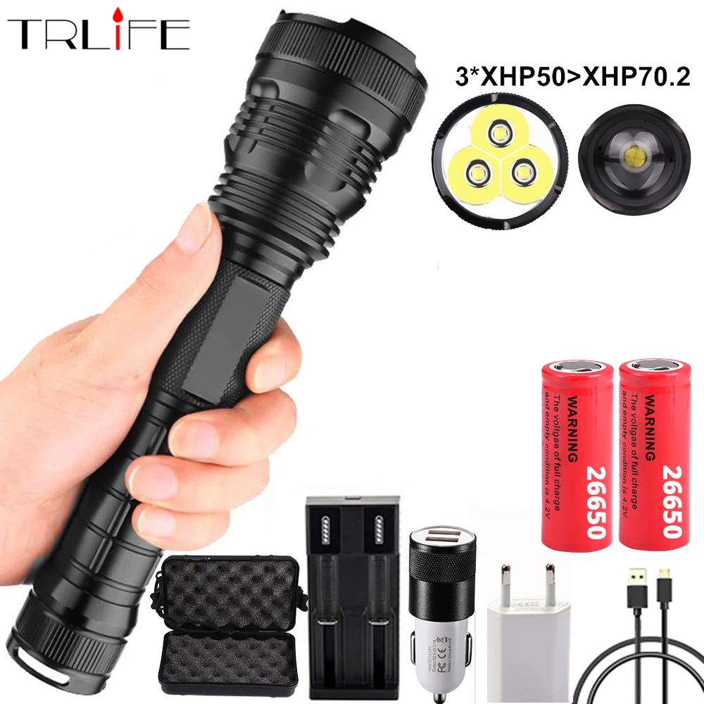 

Powerful LED Flashlight 3*XHP50 Waterproof Zoom Linterna LEDTactical Torch Powered by 18650 or 26650 battery For outdoor,Camping