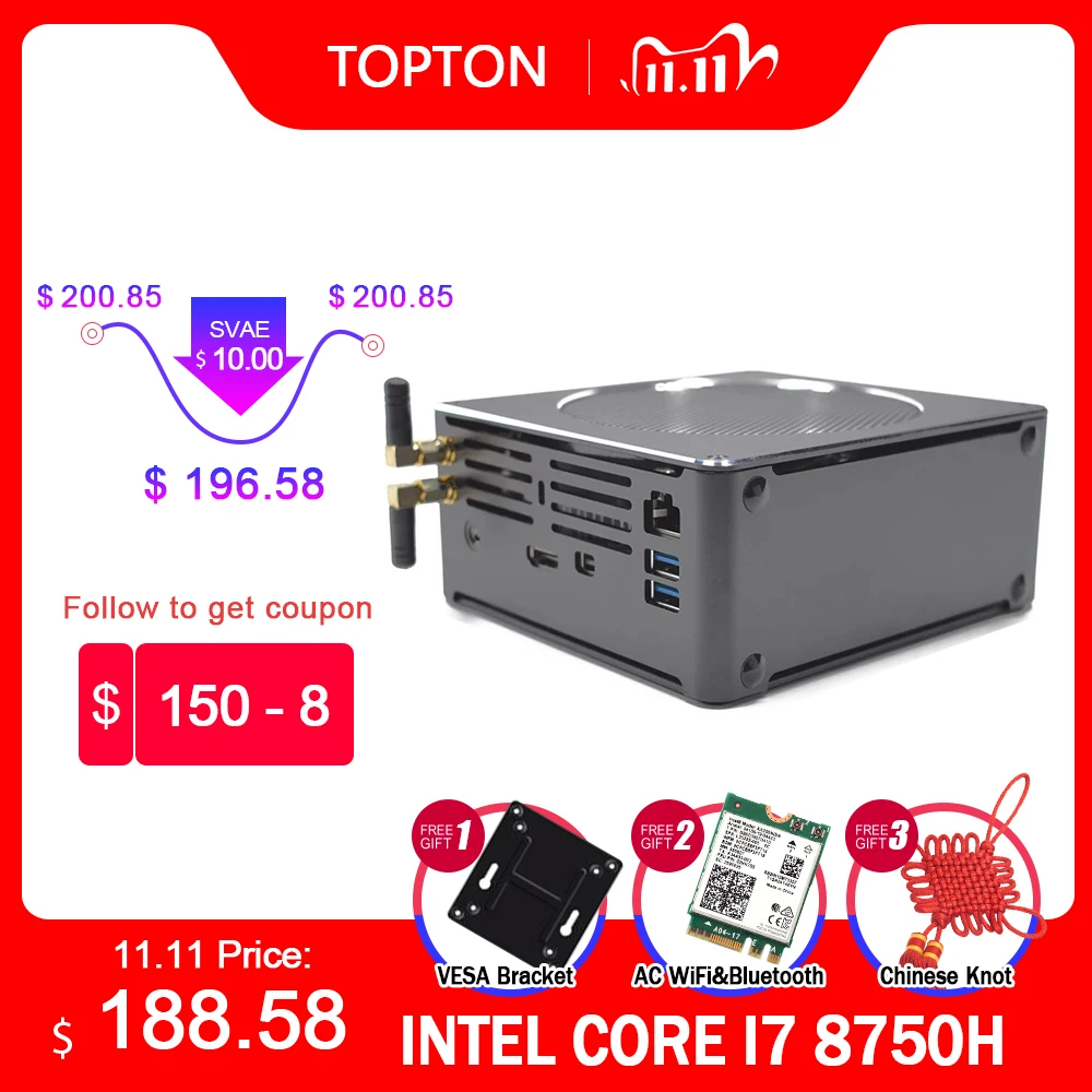 Topton мини компьютер Intel i9 i7 8850H 8750H 6 Core 12 нитей 9M Кэш Nvme M.2 Nuc игровой Настольный ПК Win10