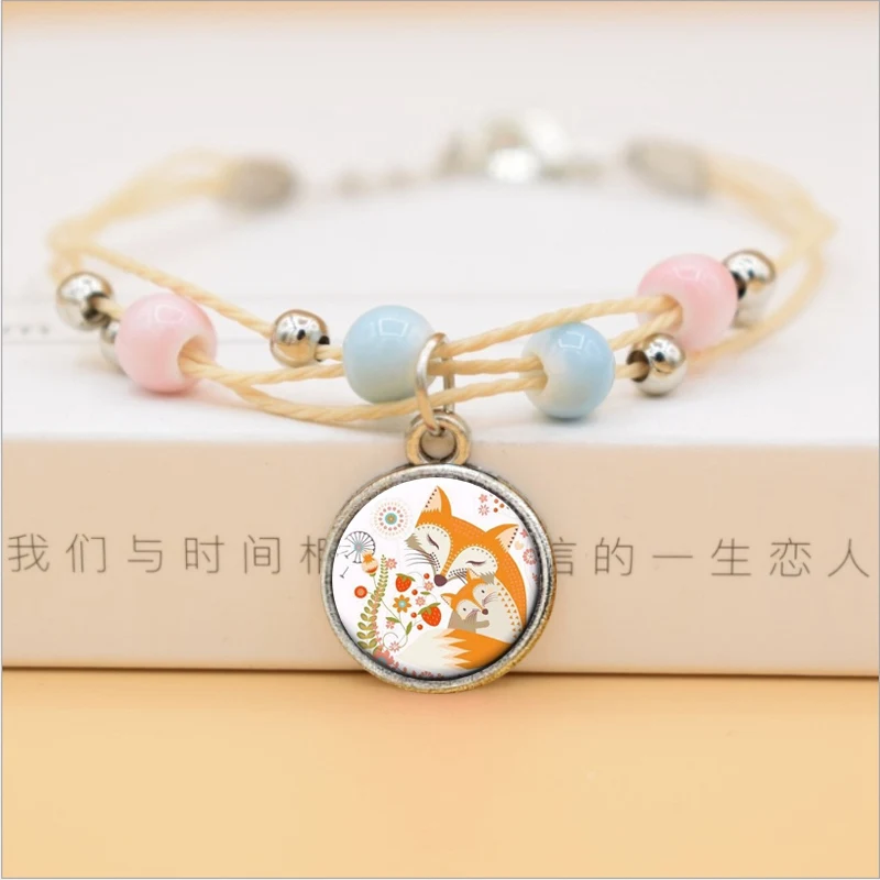 

Cute Fox Flower Ceramic Beads Bracelet Fashion Animal Glass Cabochon Pendant Multilayer Rope Bracelets For Girls Women Jewelry