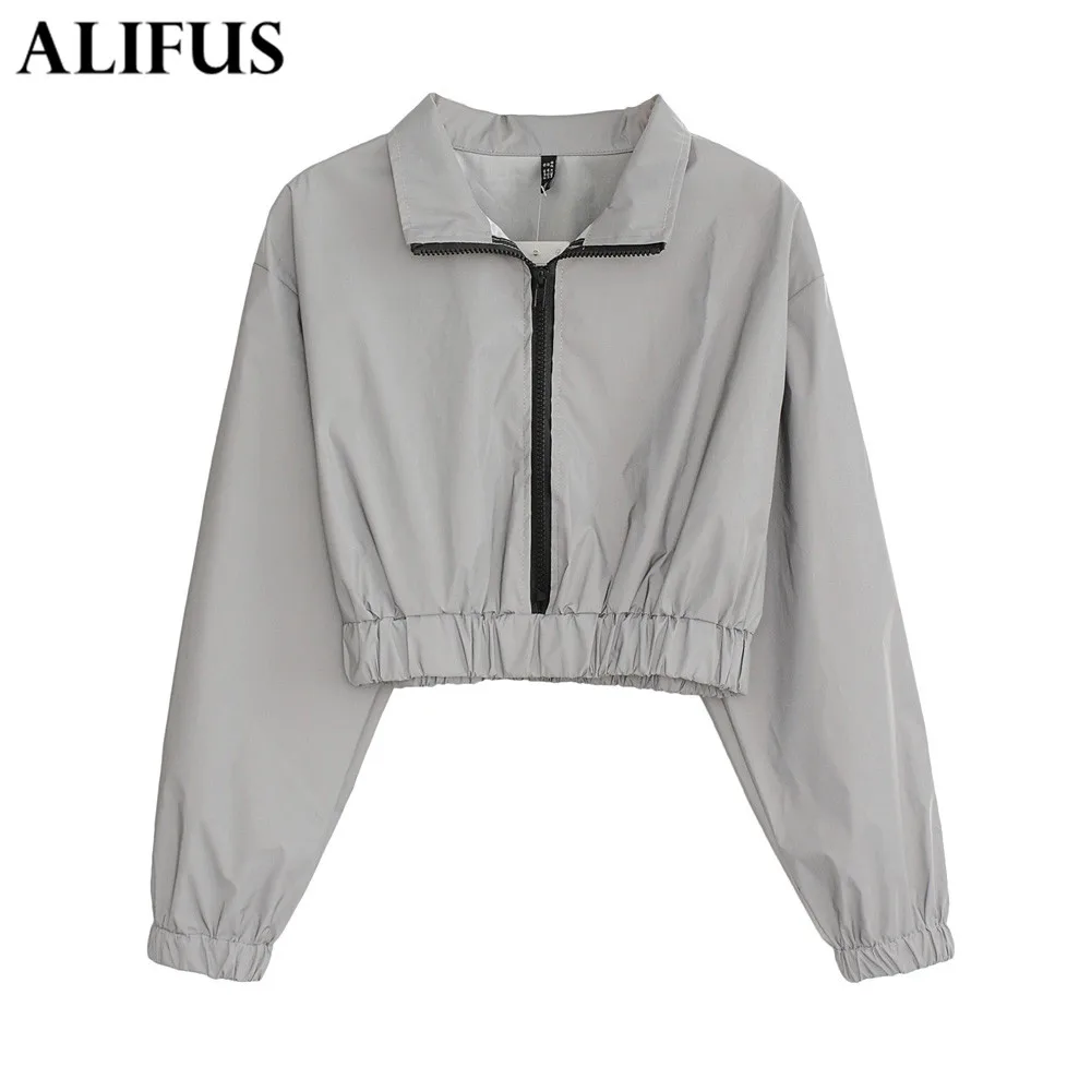 

Fashion Za Women Zipper Silver Reflective Crop Sweatshirt Turtleneck Long Sleeve Punk Sweatshirt Pullovers Female Ladies