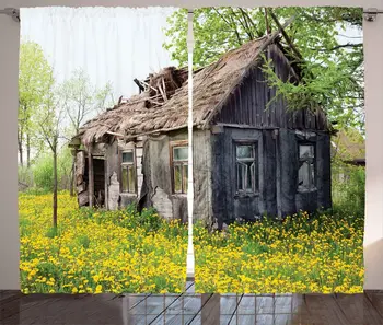 

Wooden Curtains Old Barn Farmhouse Countryside Cottage House in Garden Rural Vintage Picture Living Room Bedroom Window Drapes