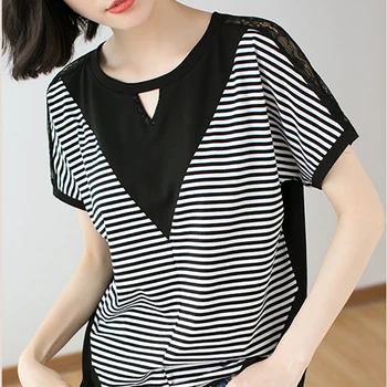 

New Lace T Shirt Women Hollow Out Striped Summer Tops 2020 Plus Size T-Shirt Woman Clothes Cotton Tshirt Female Tee Shirt Femme