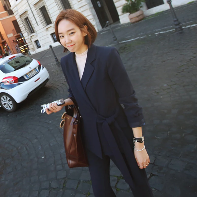 

2 Sets Formal OL Outwear Two Pieces Office Lady Suits Women Jacket and Trouser Workwear Notched Bandage and Wide Leg Pant Suits