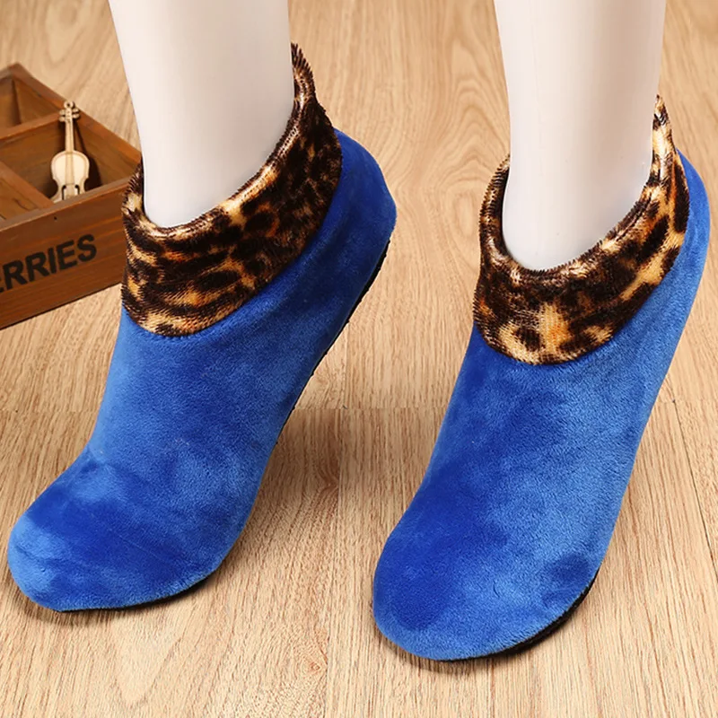 Helisopus Новые осенне-зимние леопардовые лоскутные носки-тапочки для женщин и мужчин бархатные плотные теплые Нескользящие эластичные носки-Тапочки - Цвет: Blue