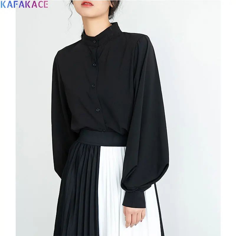 

KAFAKACE Women Chiffon Blouse Solid O-Neck Ladies Flare Young White Tops Basic Style Design Casual Fashion 2020 Blouse Shirts