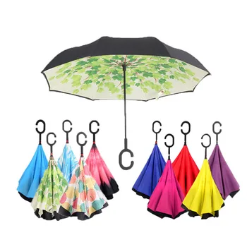 

Yiwumart Folding Reverse Umbrella C Handle Double Layer Inverted Windproof Sun And Rain Anti UV invertido Car Umbrella For Women