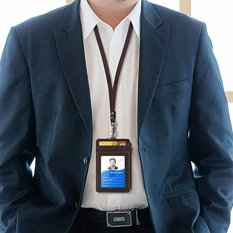 Office Unisex PU Leather ID Badge Card Holder Wallet with 5 Card Slots 1 Side RFID Blocking Pocket with Neck Lanyard Strap leather wallet wallet card holder card holder credit card holder credit card wallet business card holder