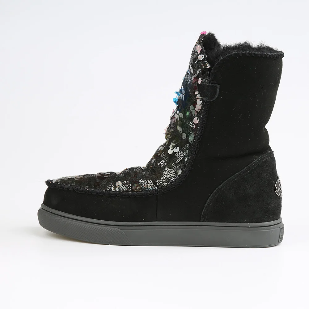 Зимние ботинки с яркими блестками; теплые удобные кроссовки на танкетке; сезон зима - Цвет: Black