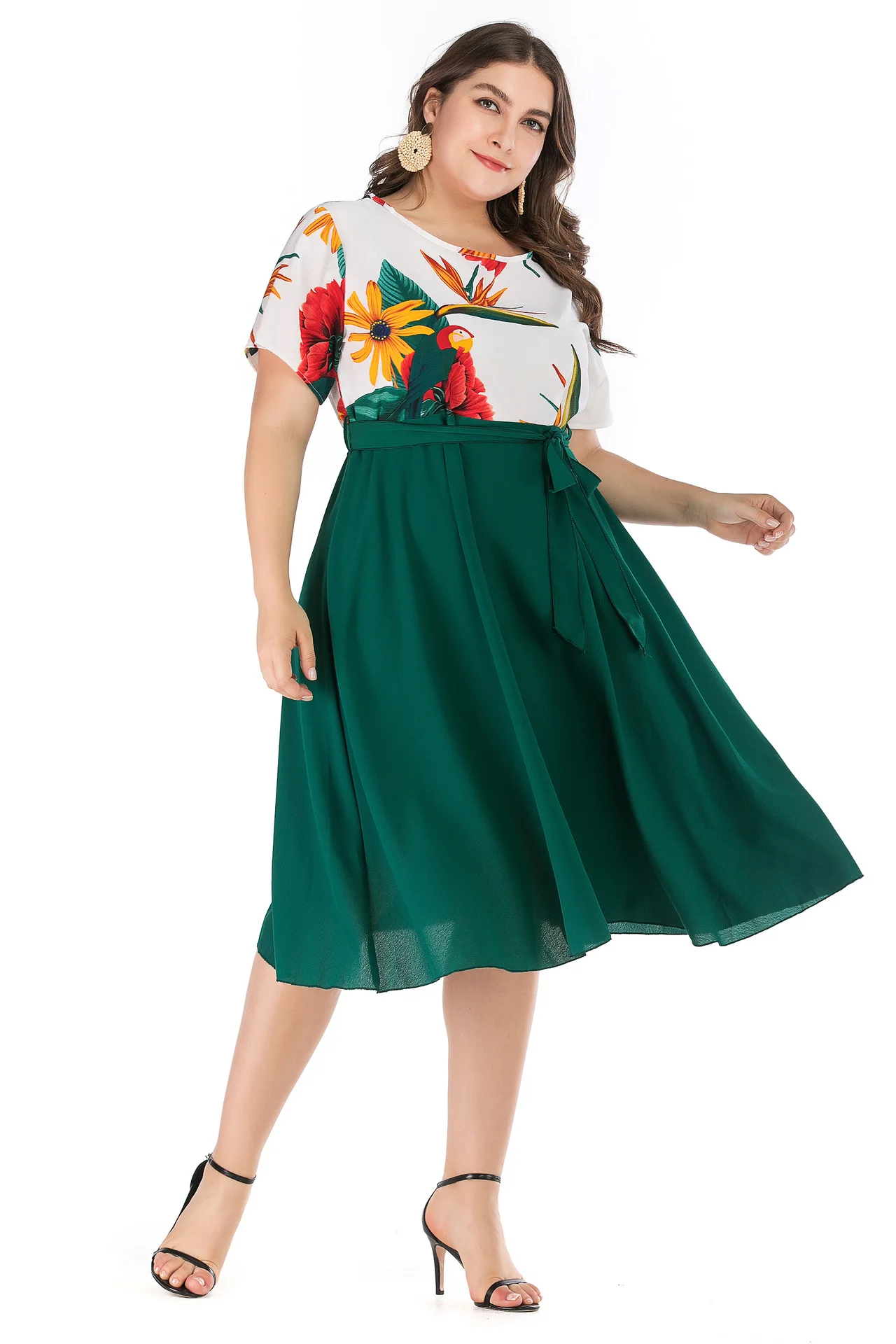 Плюс размер Повседневное платье для женщин Лето короткий рукав Цветочный Принт пэчворк с высокой талией Миди платье Зеленый Туника Платья
