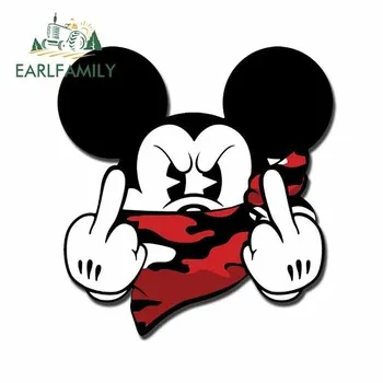 

EARLFAMILY 13cm x 12.4cm For Mickey Mouse Middle Finger Car Stickers Personality Stickers Decals Waterproof Suitable For GTR