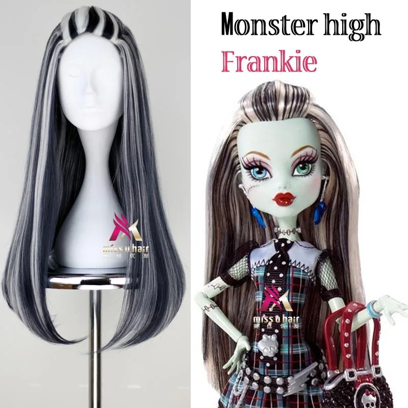 Nuova Parrucca Frank Monster High Franky Parrucche Cosplay 65Cm Nero Mix Bianco Halloween Party Parrucca Cosplay Sintetica + Cappuccio Parrucca