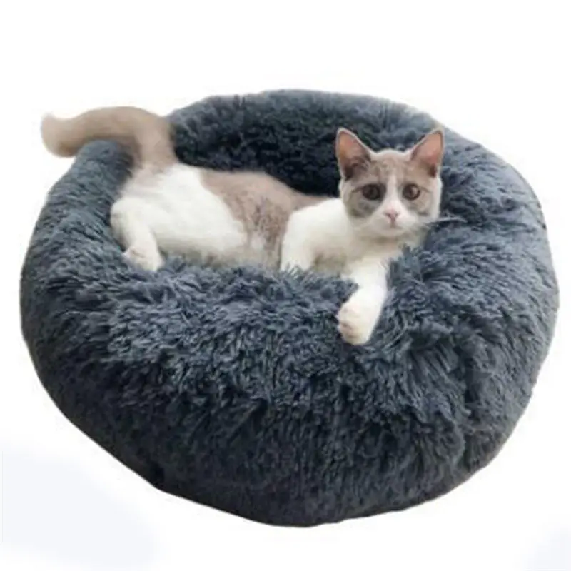 deep gray Round Plush Cat Bed House Soft Long Plush Cat Bed Best Pet Dog Bed For Small Dogs Cats Nest Winter Warm Sleeping Bed Puppy Mat - Color: deep gray