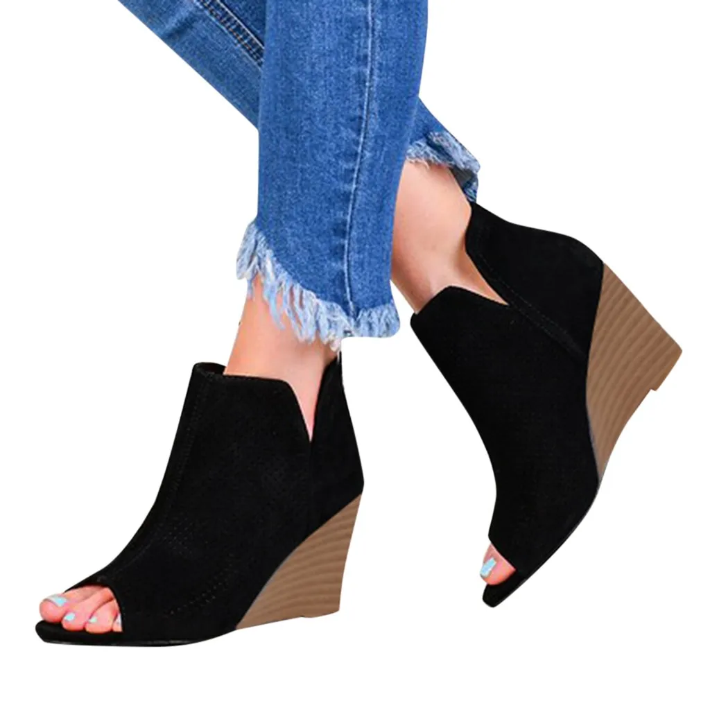Boots Women Fish Mouth Casual Boots Square Platform Boots Pinhole Wedges Heel Ankle Short Booties Zapatos De Mujer #D25