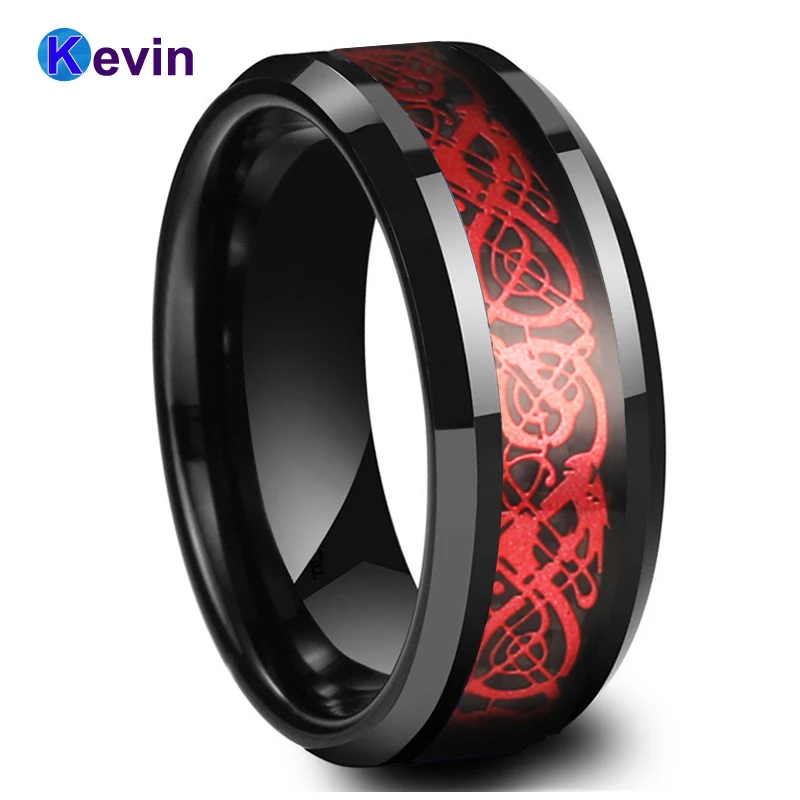 Mens Womens Engagement Wedding Rings Tungsten Ring With Black Carbon Fiber And Red Dragon Inlay | Украшения и аксессуары