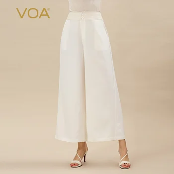

VOA white 36m rice heavy weight silk mid waist jacquard collage elegant micro elastic crisp Tibetan meat wide leg pants K1008