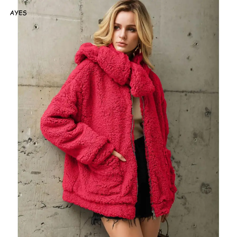 Верхняя одежда с карманами на молнии, элегантное женское пальто из искусственного меха, Осень-зима, толстая теплая мягкая флисовая куртка, пальто с мишкой, плюшевое пальто