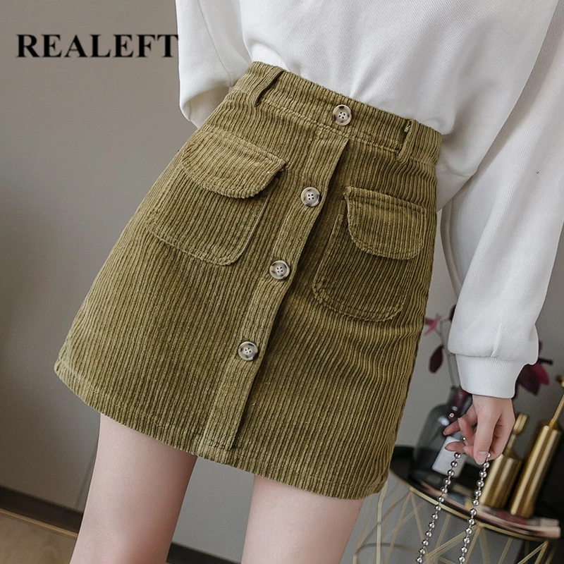 REALEFT Autumn Winter Corduroy Sexy Mini Skirts High Waist Button Pencil Wrap A-Line Female with Pocket 2019 New | Женская одежда