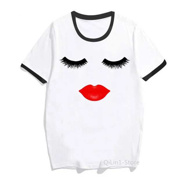 Модные сексуальные футболки с принтом красных губ женские летние белые милые для