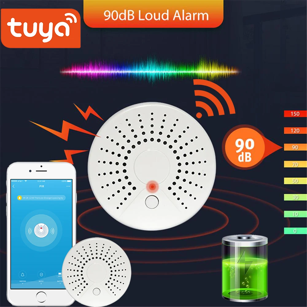 Tuya-Detector de humo inalámbrico, sistema de alarma de seguridad, vida inteligente, WiFi, Sensor de alarma, información emergente