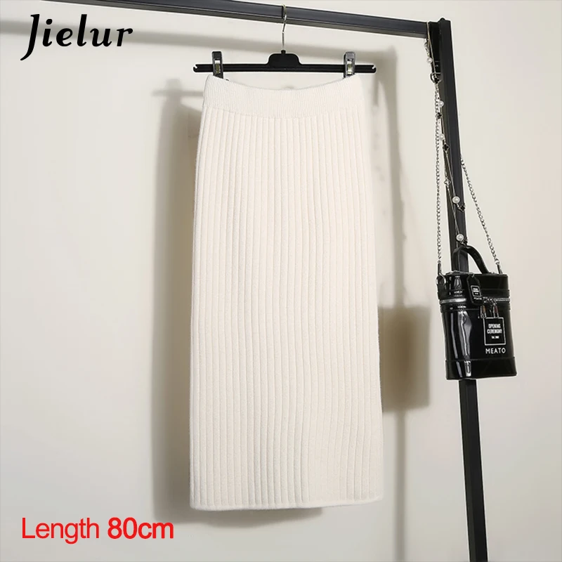white-80 Jielur сплошной цвет 60-80 см женские юбки эластичная талия Осень-зима шикарная вязаная юбка теплая с разрезом средней длины юбки черные новинка - Цвет: white-80