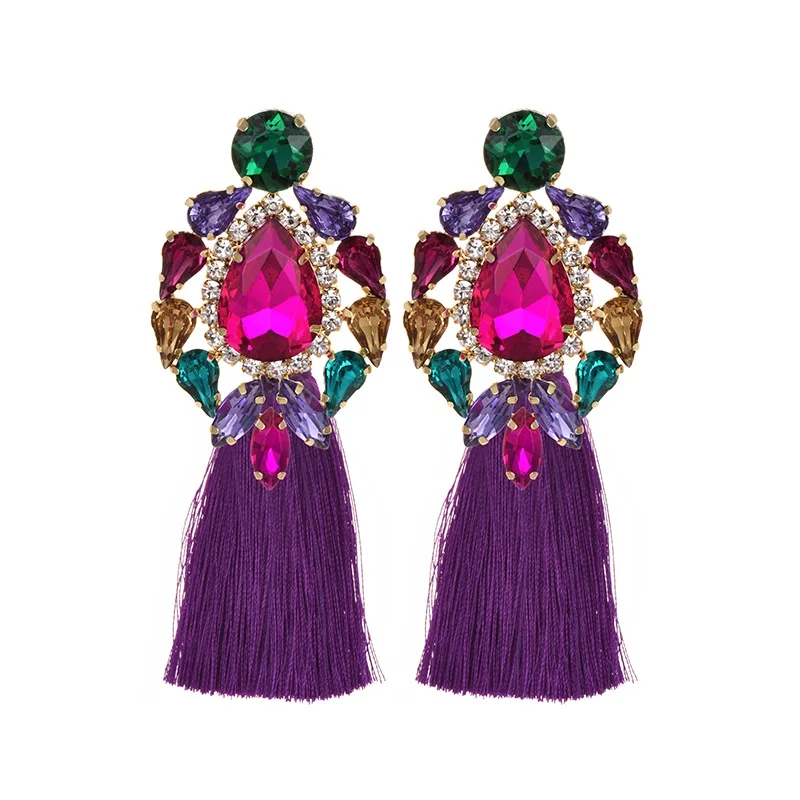 Handmade blue Big Crystal Flower Earring Vintage Ethnic Bohemian Rhinestone Long Tassel Drop Dangle Earrings for Women Jewelry