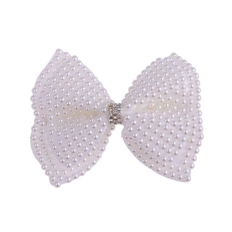 Women Girls Big Simulated-pearls Bowknot Rhinestones Hair Clips Handmade Ivory Pearls Flower Bow Barrettes Duck Clips For Party