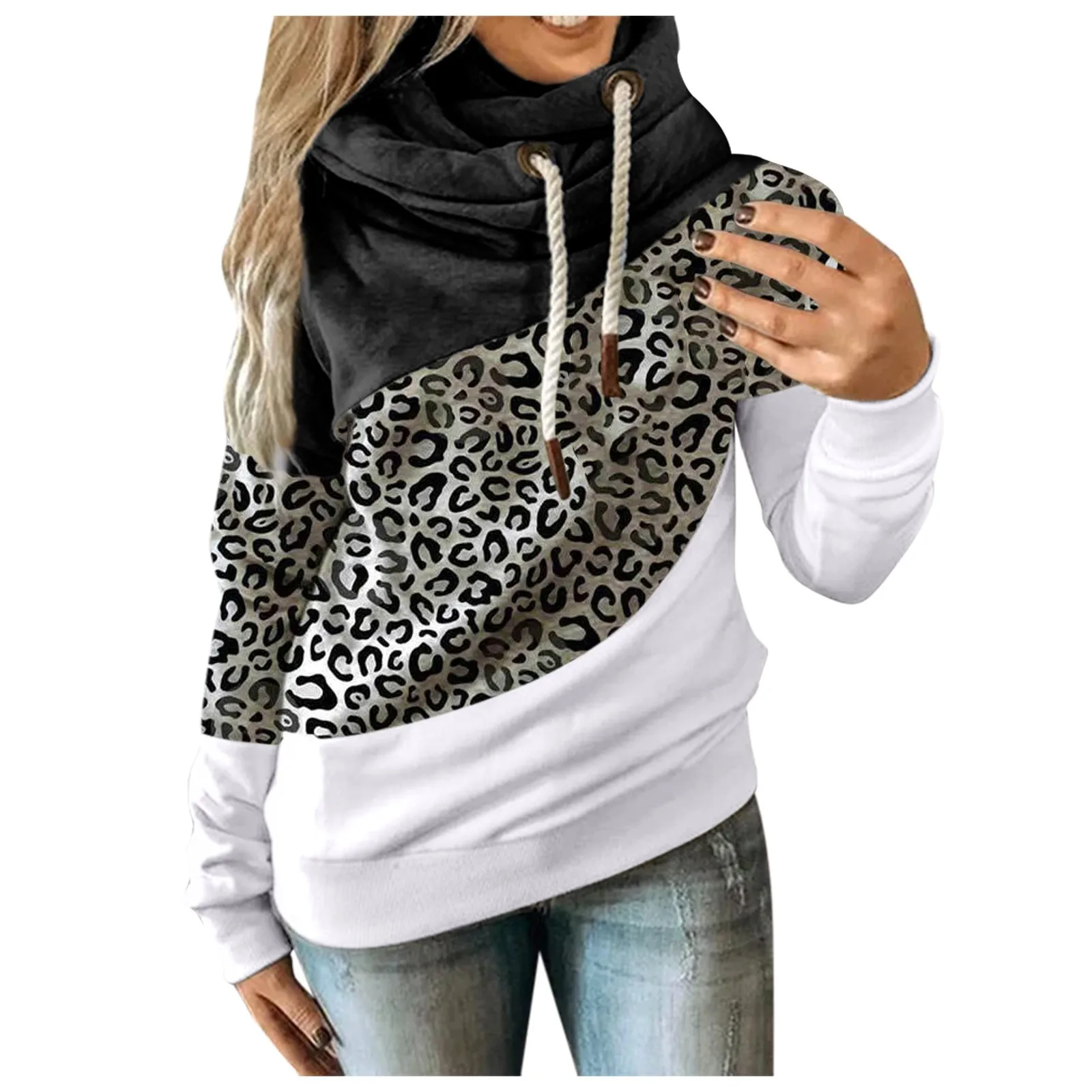 Sudaderas con capucha de sport para mujer, suéter de retales de manga larga con contraste de estampado de leopardo, Sudadera con capucha, Tops gruesos cálidos para Otoño e Invierno