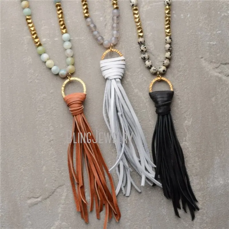 NM20672 Boho Jewelry Long Knot  Stone Beads Black Brown Gray Leather Necklace Female 