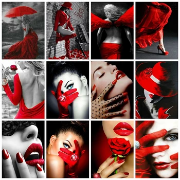 

HUACAN DIY 5d Diamond Painting Black And Red Women Full Square Diamond Embroidery Sale Portrait Mosaic Craft Kit Wall Art Decor