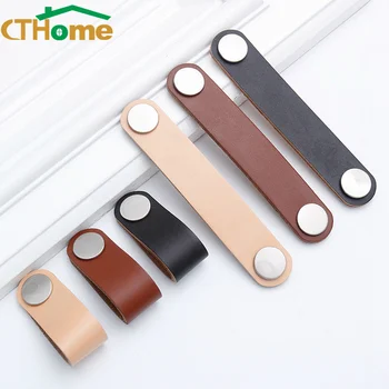 CTHome 128mm Leather Cabinet Knobs and Handles for Kitchen Cupboard Door Pulls Black Furniture Handle Wardrobe Dresser Knob