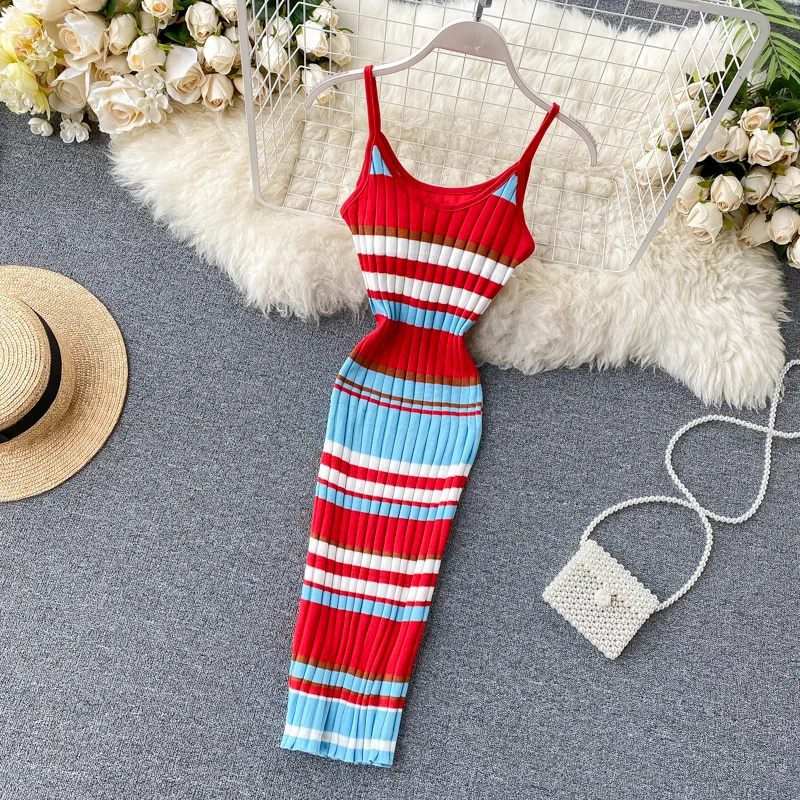 Vintage 2020 V Neck sexy striped print Slim Bodycon Knitted short Dress Summer Party Women spaghetti strap dress Club dresses