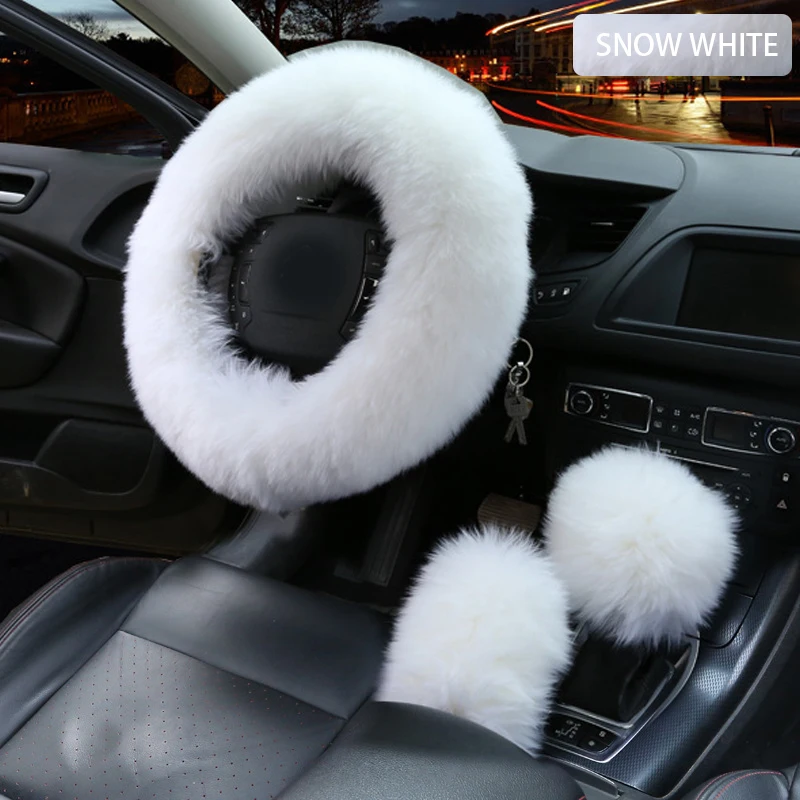 White 3 шт. автомобиль из искусственной шерсти руль Зимний теплый плюшевый чехол крышка авто руль чехлы протектор Декор Аксессуары - Название цвета: White