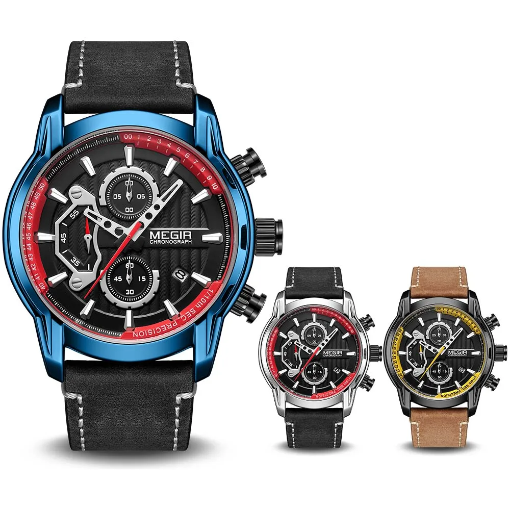 Megir New Fashion Mens Watches Waterproof Luminous Sports Wrist Watch Man Leather Chronograph Quart-4