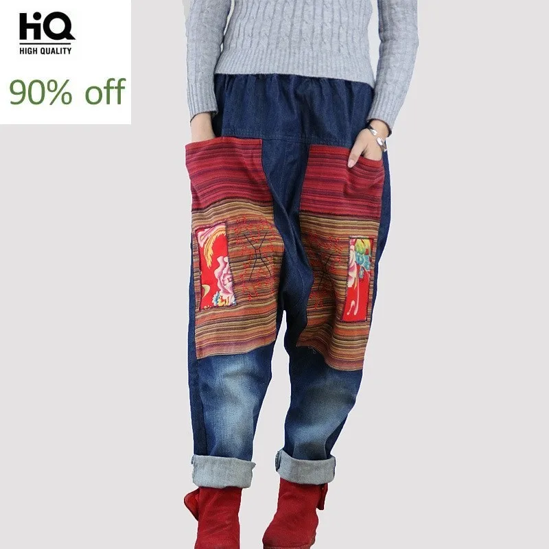 2020 осенние джинсы в этническом стиле с цветочным принтом женские мешковатые