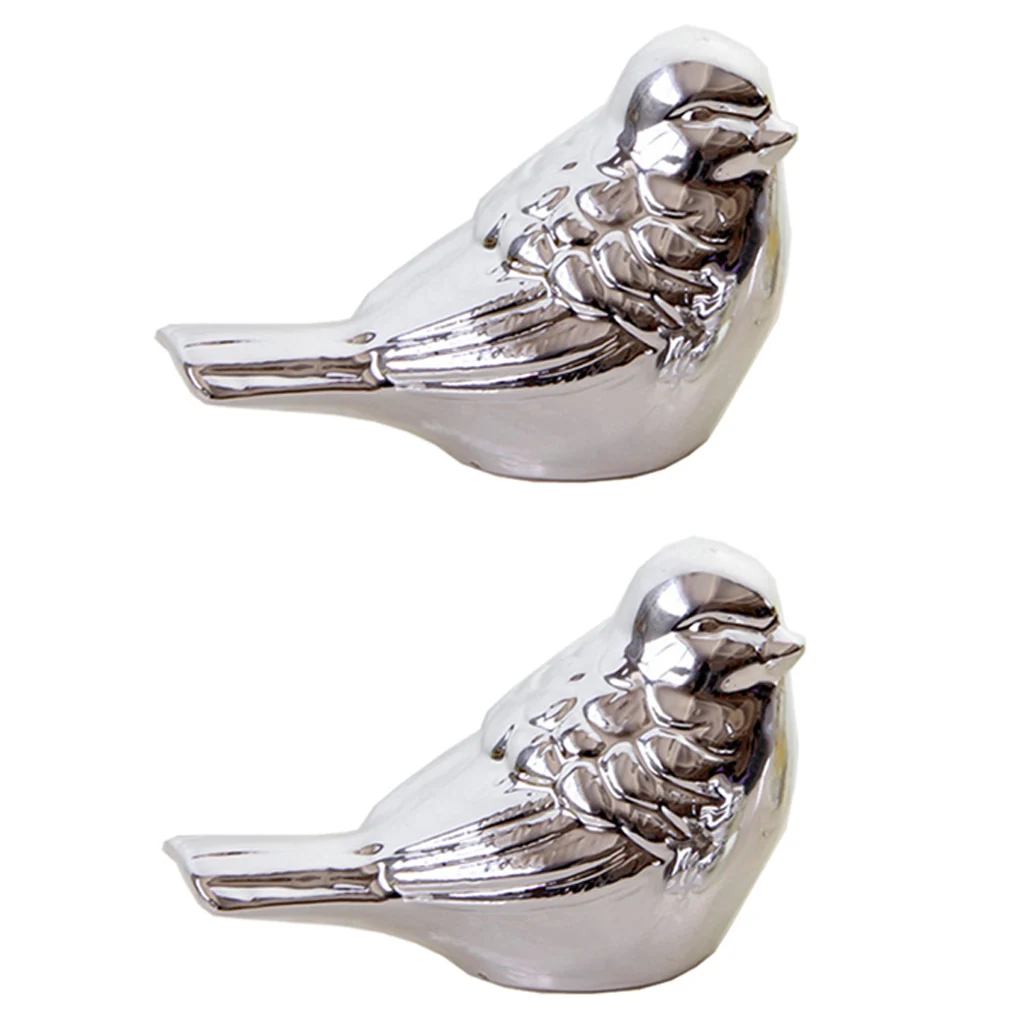 2pcs 7.5x4.5x5cm Silver Glazed Ceramic Bird Shaped Ornament Statue Figurine for Home Room Decor Cafe Office Shop Ornament