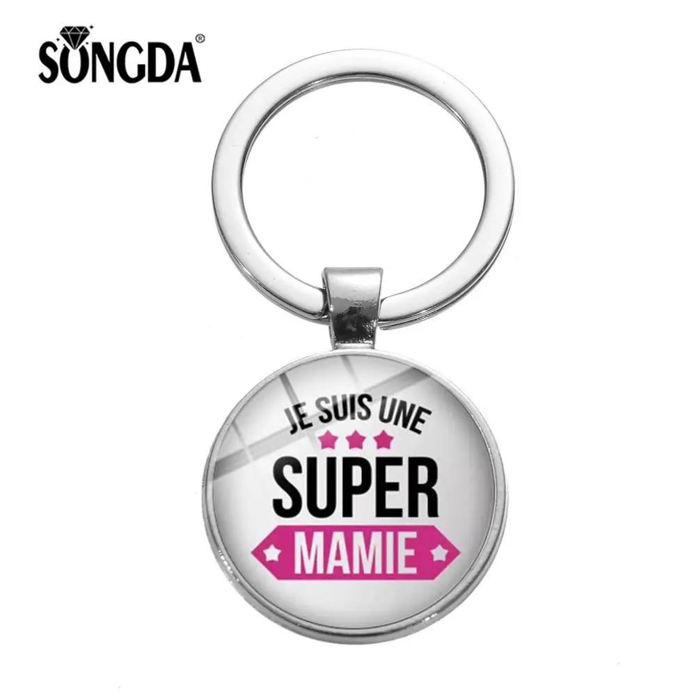 

SONGDA 2019 Super Mamie Super Papy Keychain Silver Plated Handmade Glass Cabochon Parents Key Chain Best Gifts for Grandparents