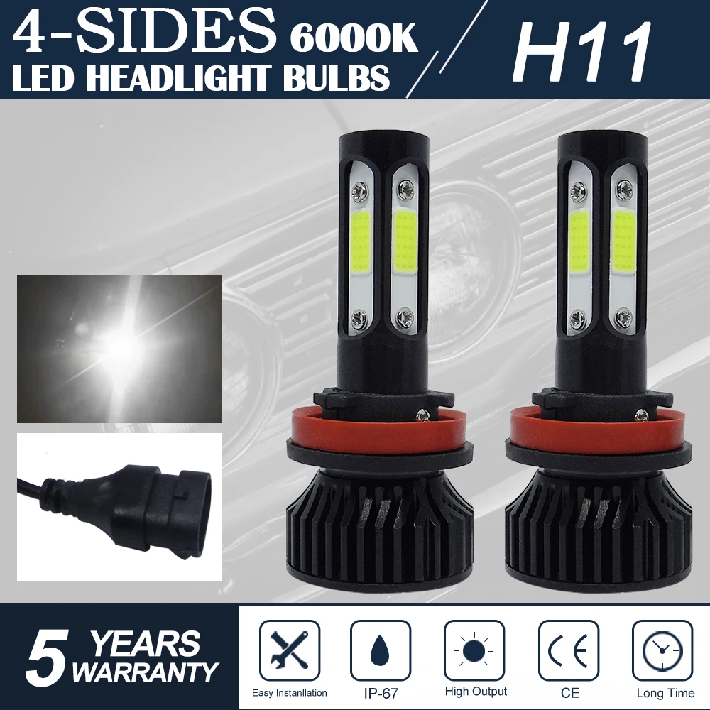 2Pcs Super Bright Mini LED H9 HB3 9005 HB4 9006 H11 H7 H8 4Sides Headllamp100W 20000LM 6000K 12V 8000K Car Headlight Bulbs