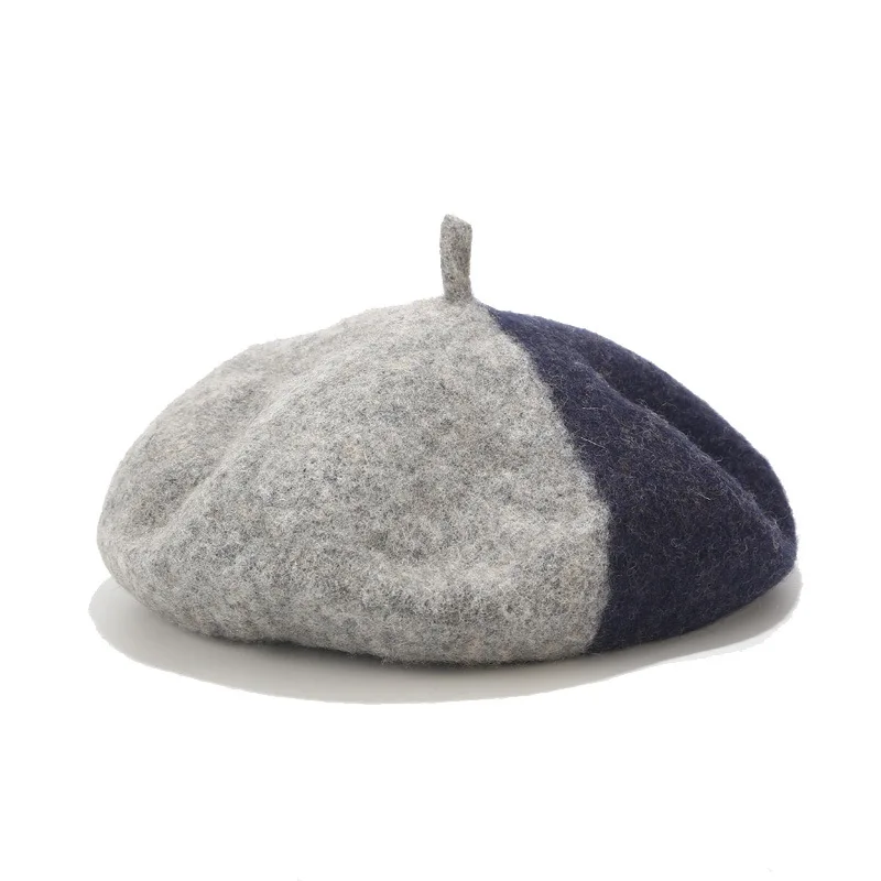 Grey Navy M&D Autumn/winter new collection wool felt beret splicing gentle color patchwork - Цвет: Grey Navy