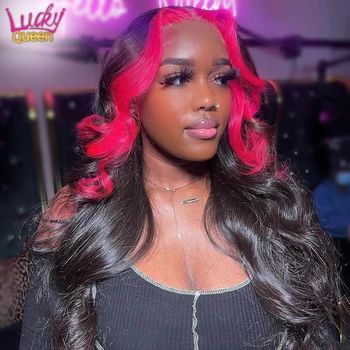 Highlight Pink Green Body Wave Wig  Brazilian Human Hair Wigs Pre Plucked Pink Root Lace Frontal Wig Transparent Lace For Women 1