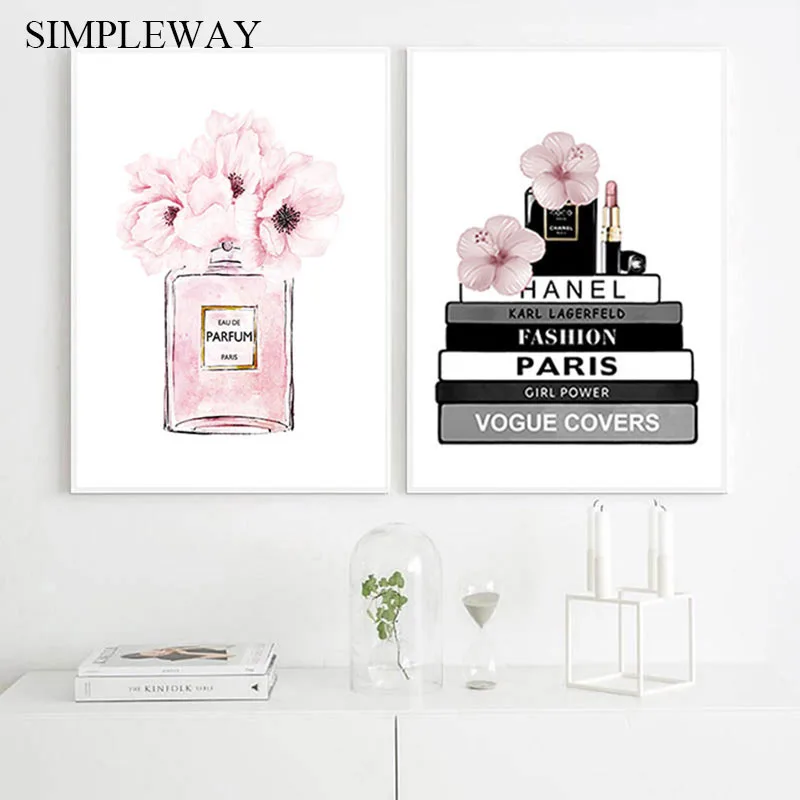 Canvas Painting Perfume-Bottle Book Makeup-Poster Room-Decoration Flower Picture Modern