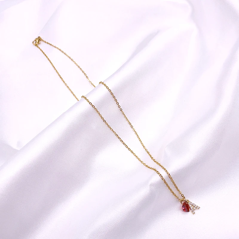 Fashion Tiny Red Stone Heart Dainty Initial Necklace Gold Color Letter Name Choker Statement Necklace For Women Pendant Jewelry