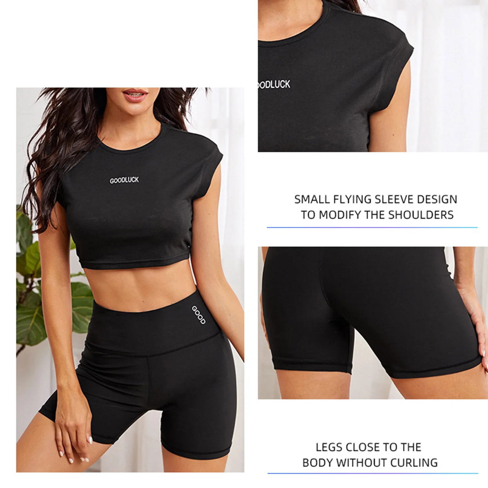Summer Women 2Pcs Sport Suit Tracksuit Gym Outfit Round Neck Crop Top With High Waist Elastic Waistband Shorts Yoga Sportswear