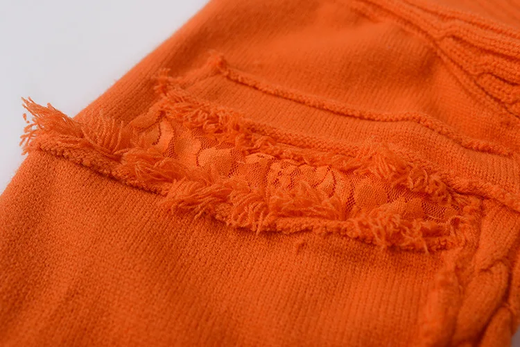 autumn winter woman Loose high collar pullover lazy bright orange hole wearing sweater female knitted sweaters tops
