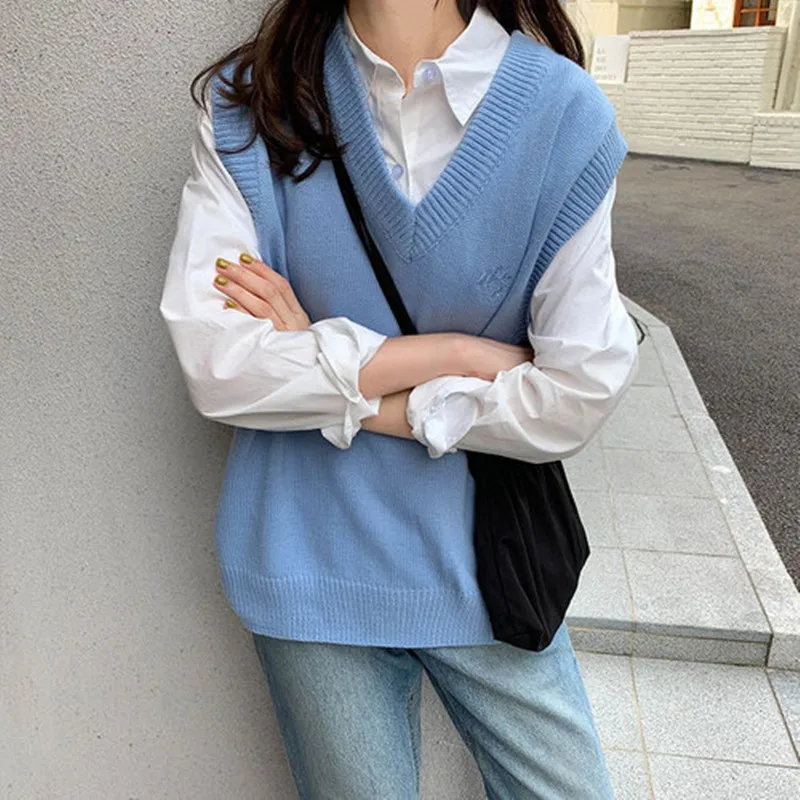 

8 colors 2019 japanese preppy style embroidery sleeveless v neck knitted loose vest sweaters womens knitted sweaters (X1135)
